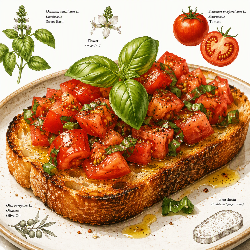 Tuore bruschetta tomaateilla ja basilikalla