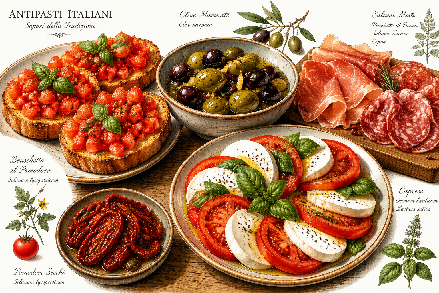 Italialaisia antipasto-alkupaloja puupöydällä