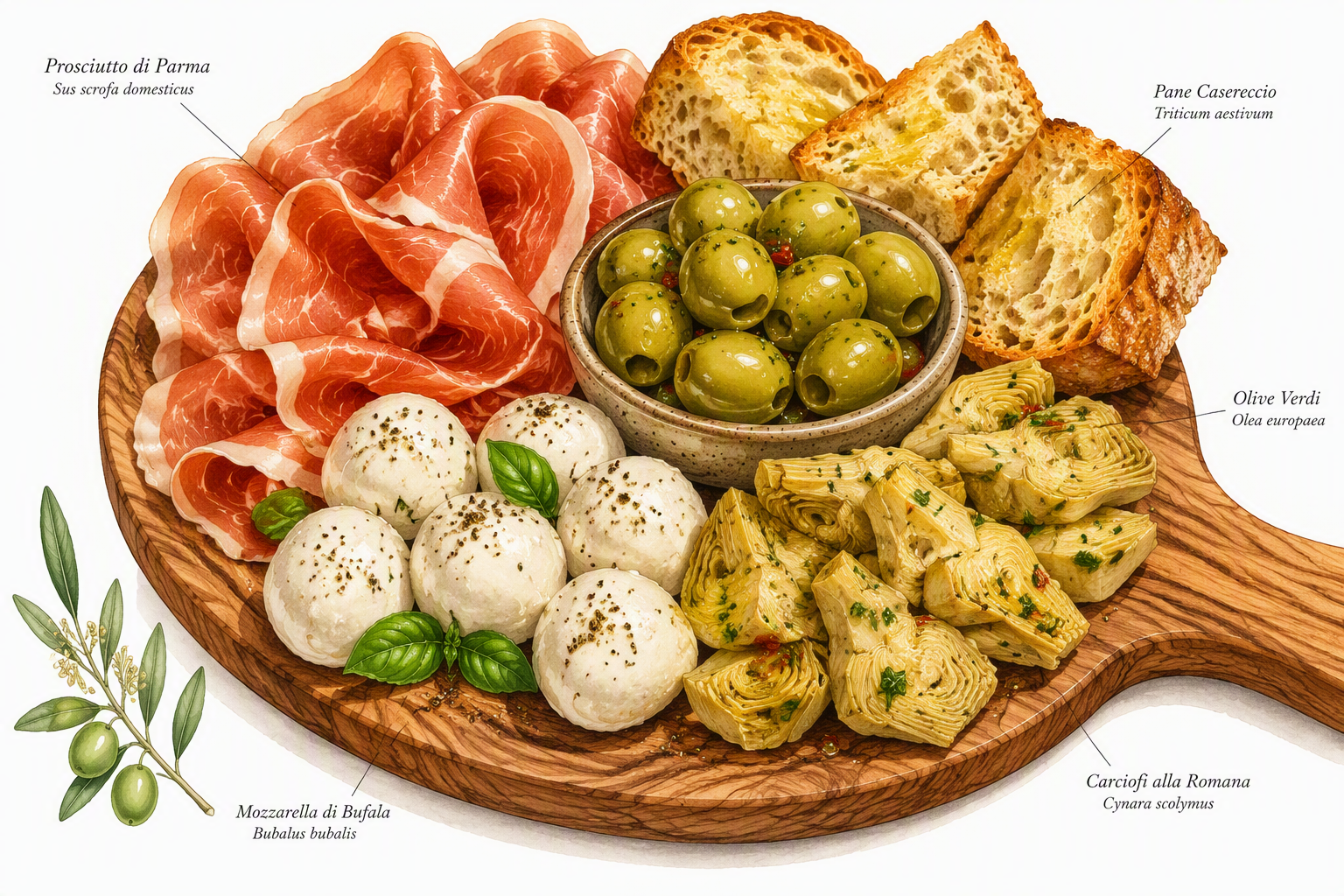 Italialainen antipasto-lankku täynnä herkullisia alkupaloja