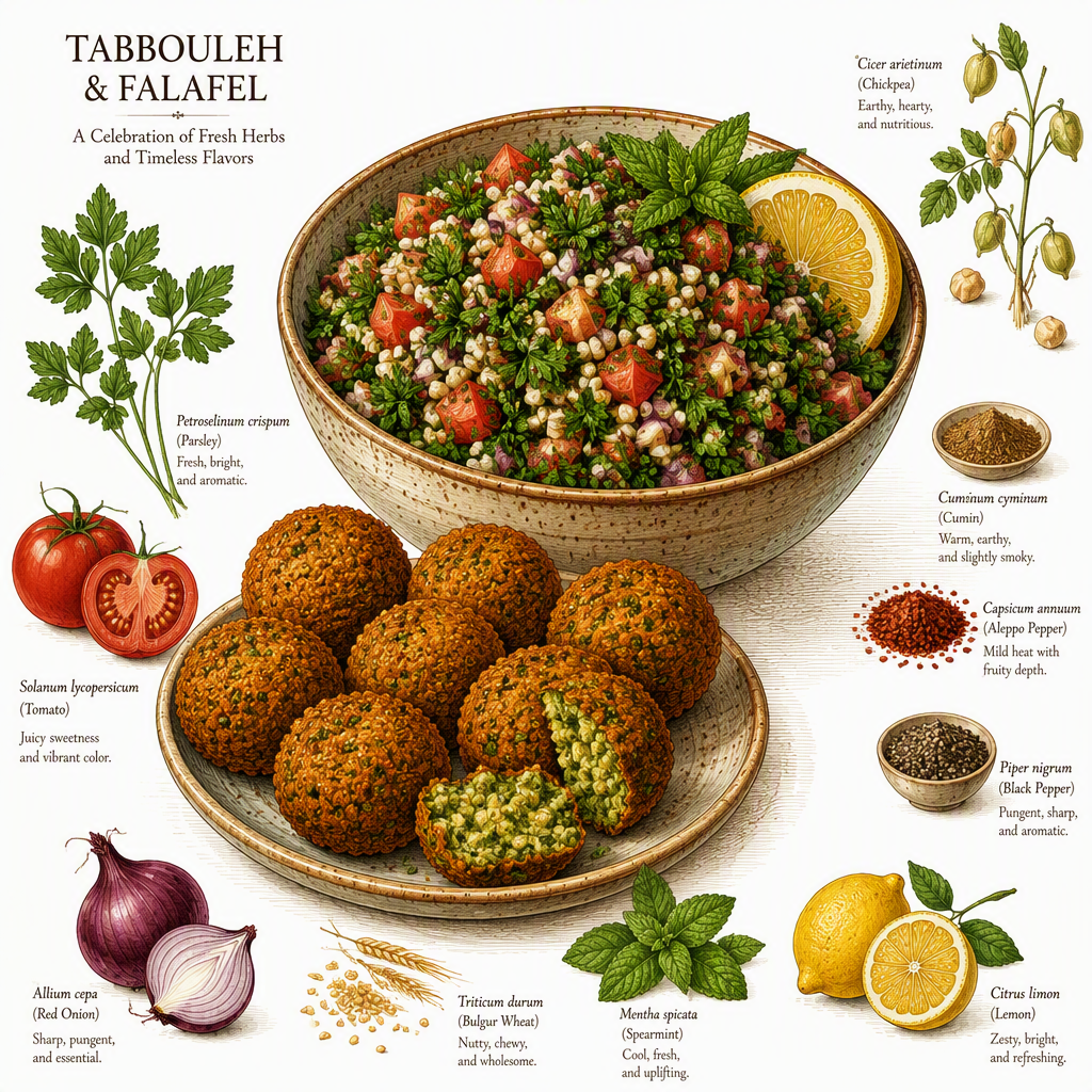 Tabouleh-salaattia ja rapeita falafeleja