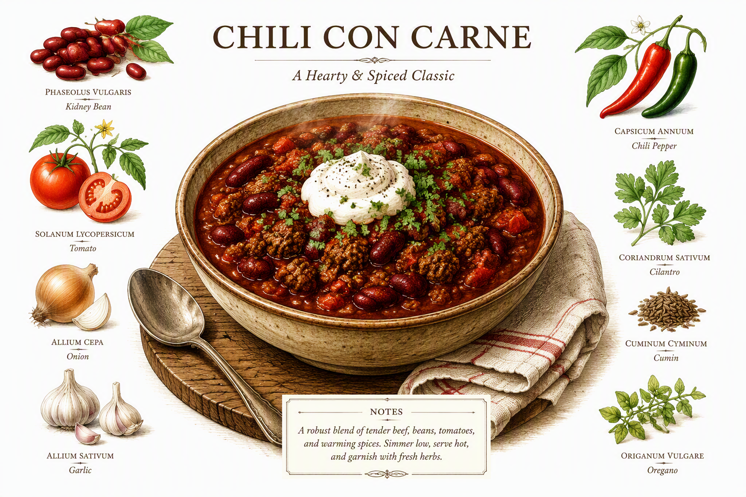 Höyryävä kulhollinen chili con carnea pöydällä