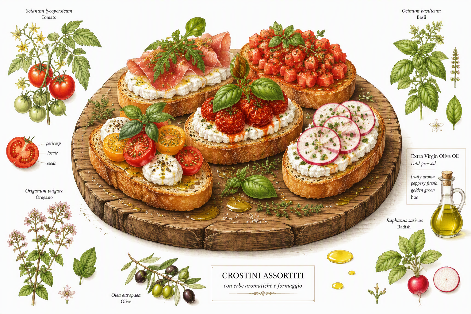 Erilaisia crostini-alkupaloja puutarjottimella