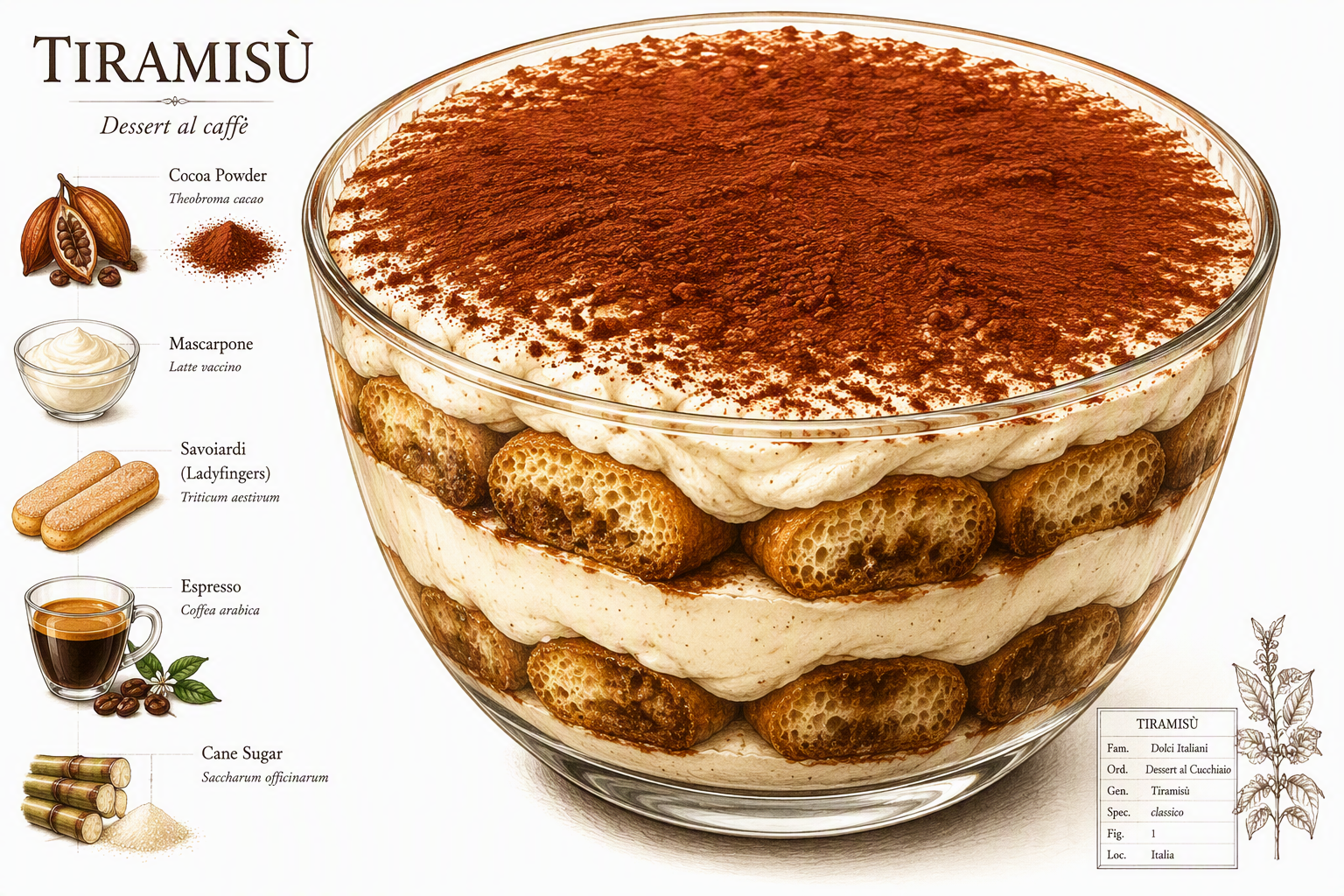 Tiramisu-jälkiruoka lasikulhossa kaakaopölyllä