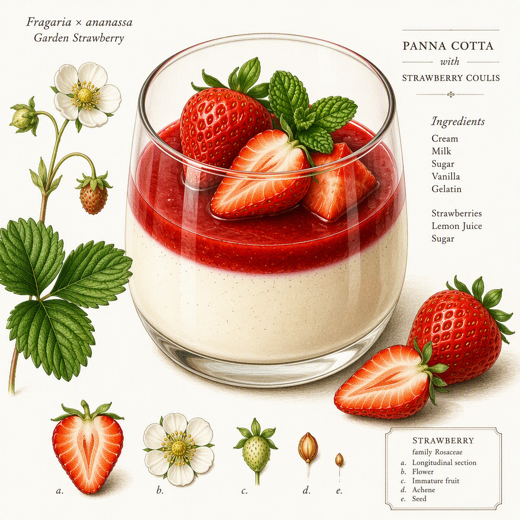 Panna cotta mansikkakastikkeella ja tuoreilla marjoilla