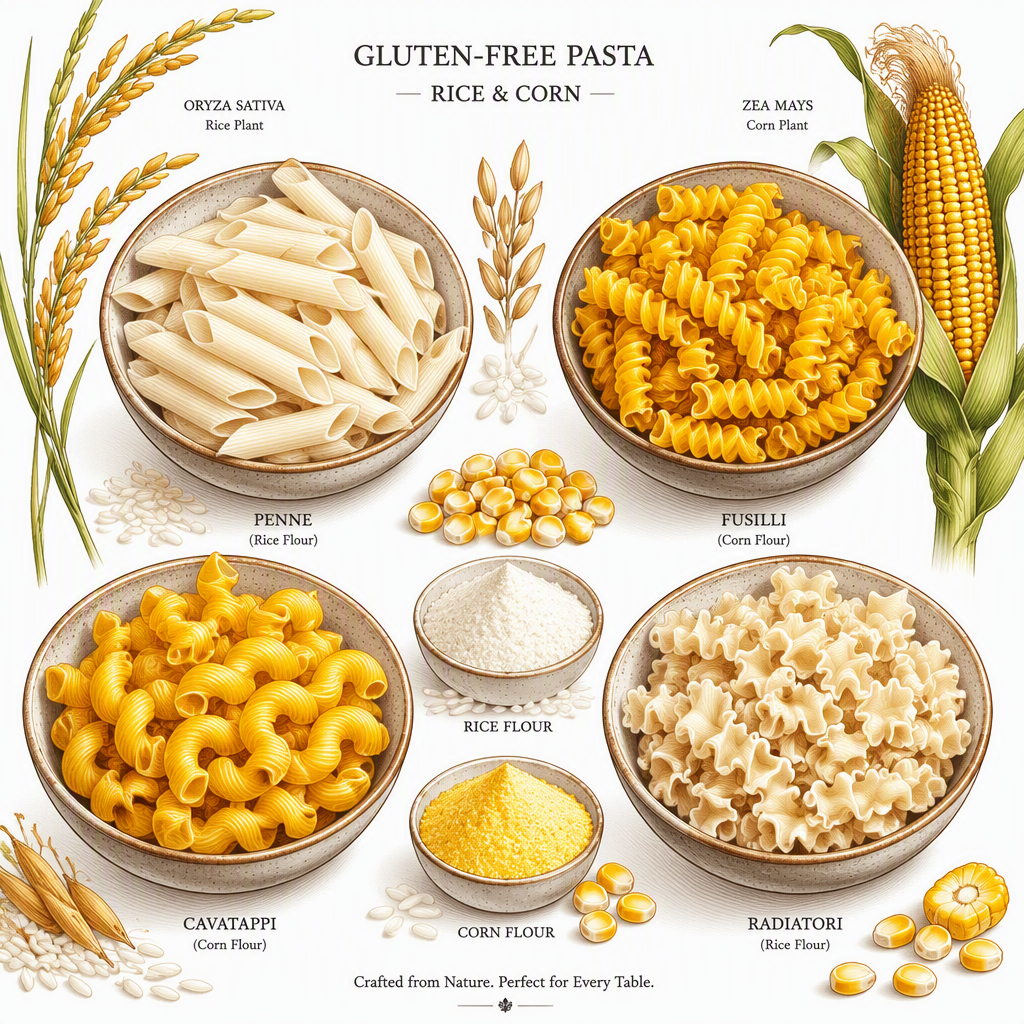 Gluteenittomia pastalaatuja kulhoissa puupöydällä