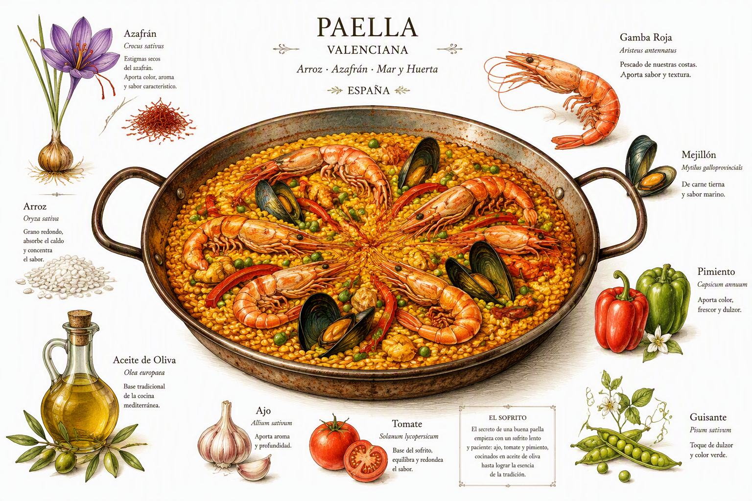 Paella-pannu täynnä mereneläviä ja keltaista riisiä Paella-pannu täynnä mereneläviä ja keltaista riisiä