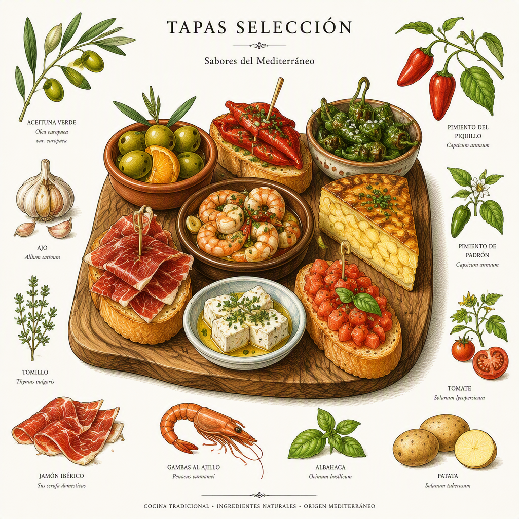 Erilaisia espanjalaisia tapaksia puutarjottimella