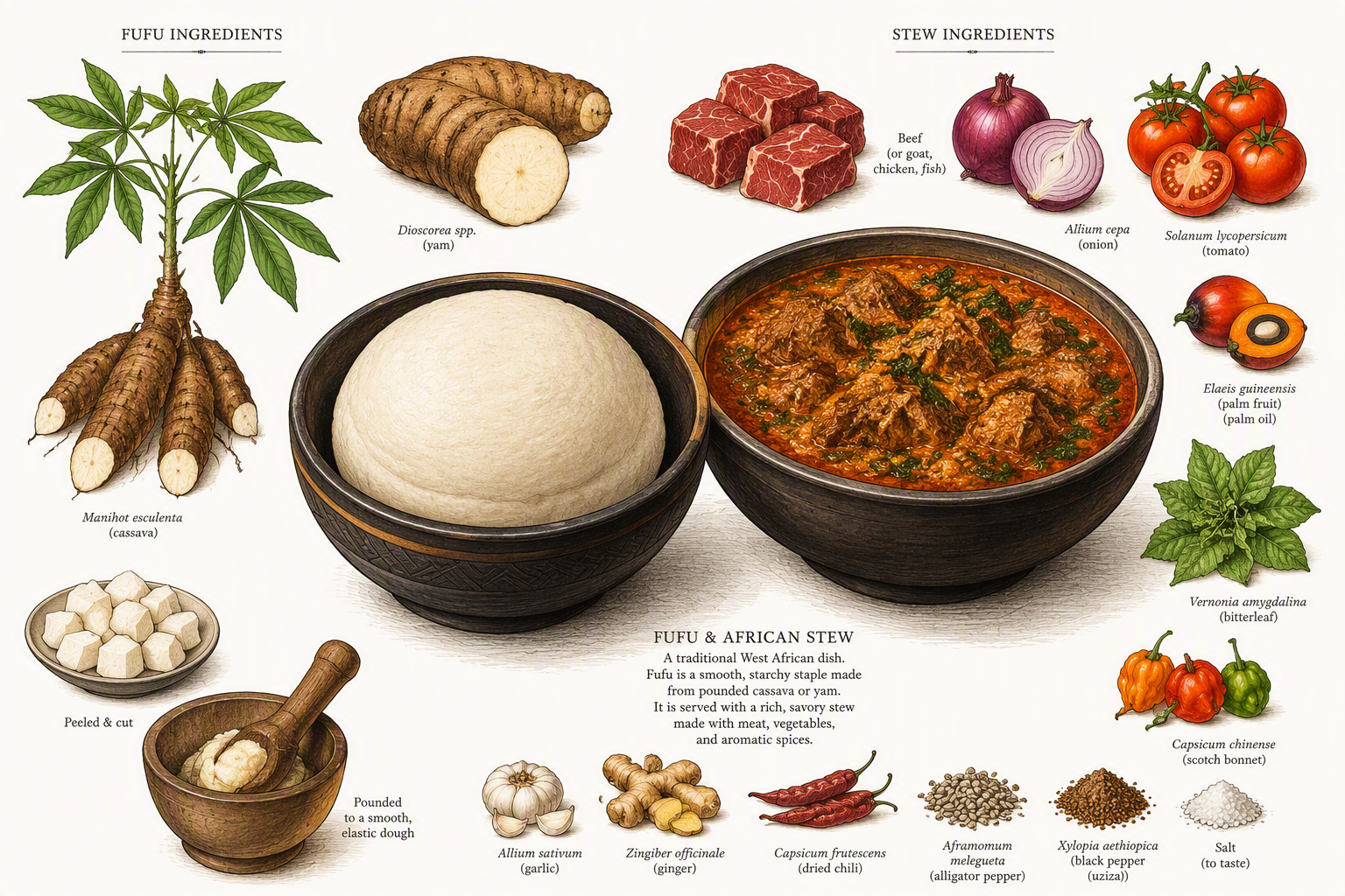 Perinteinen fufu-pallo kulhossa keiton vieressä Perinteinen fufu-pallo kulhossa keiton vieressä