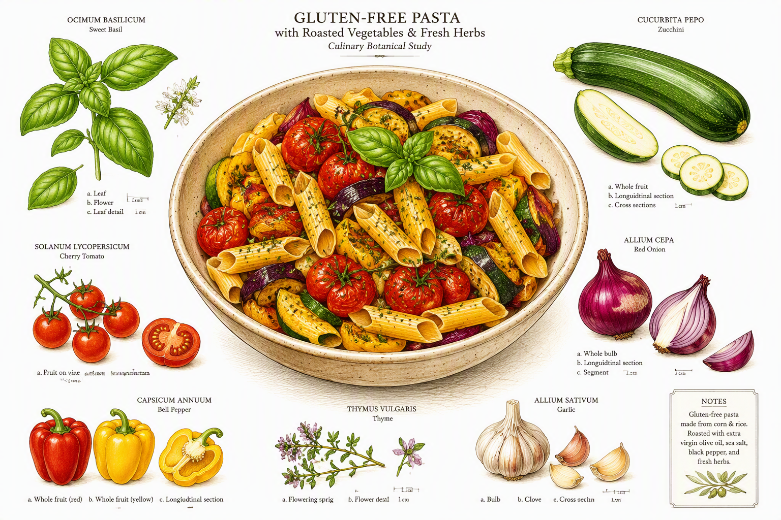 Gluteeniton pasta lautasella yrteillä ja kasviksilla Gluteeniton pasta lautasella yrteillä ja kasviksilla