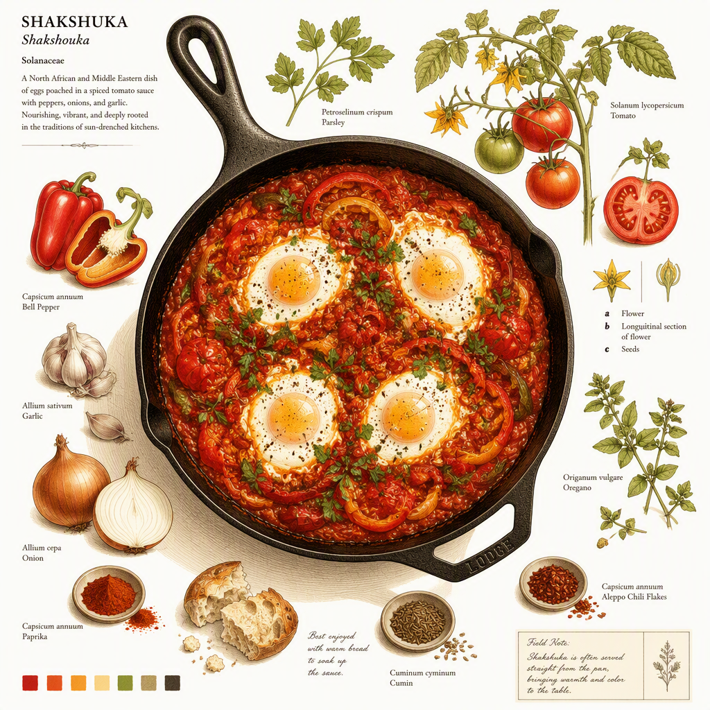 Shakshuka-pannu ja tomaattista kastiketta Shakshuka-pannu ja tomaattista kastiketta
