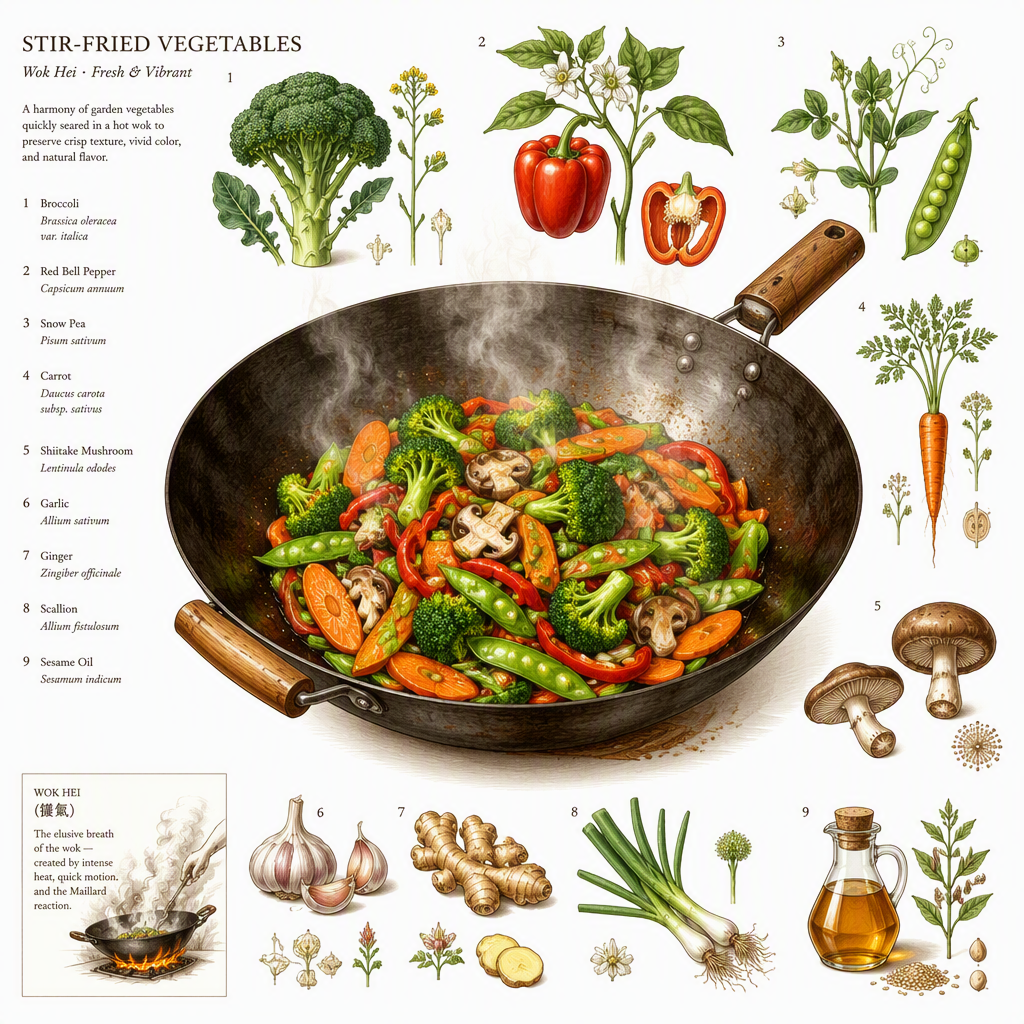 Wok-pannulla valmistettua ruokaa