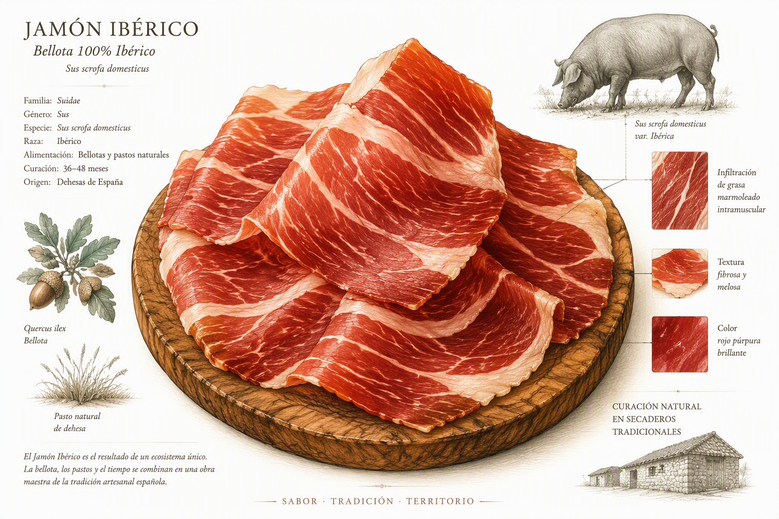 Ohueksi siivutettua laadukasta Jamón Ibérico -kinkkua puualustalla Ohueksi siivutettua laadukasta Jamón Ibérico -kinkkua puualustalla