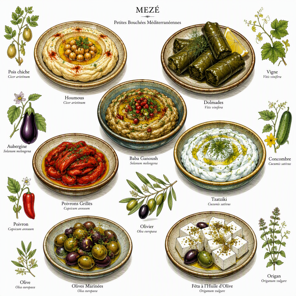 Pieniä meze-annoksia tarjoilulautasilla Pieniä meze-annoksia tarjoilulautasilla