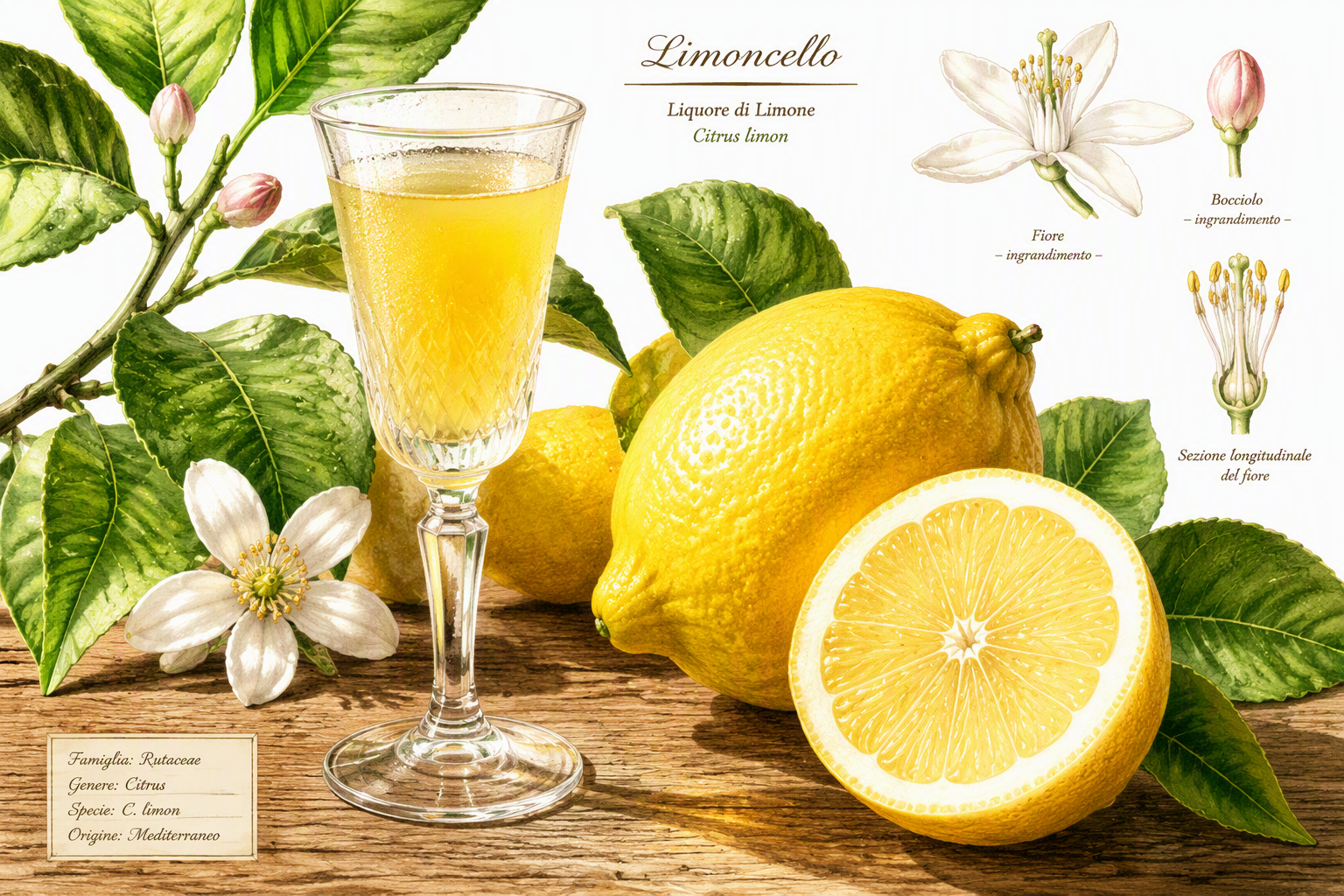 Kirkkaankeltainen limoncello-likööri laseissa ja tuoreita sitruunoita