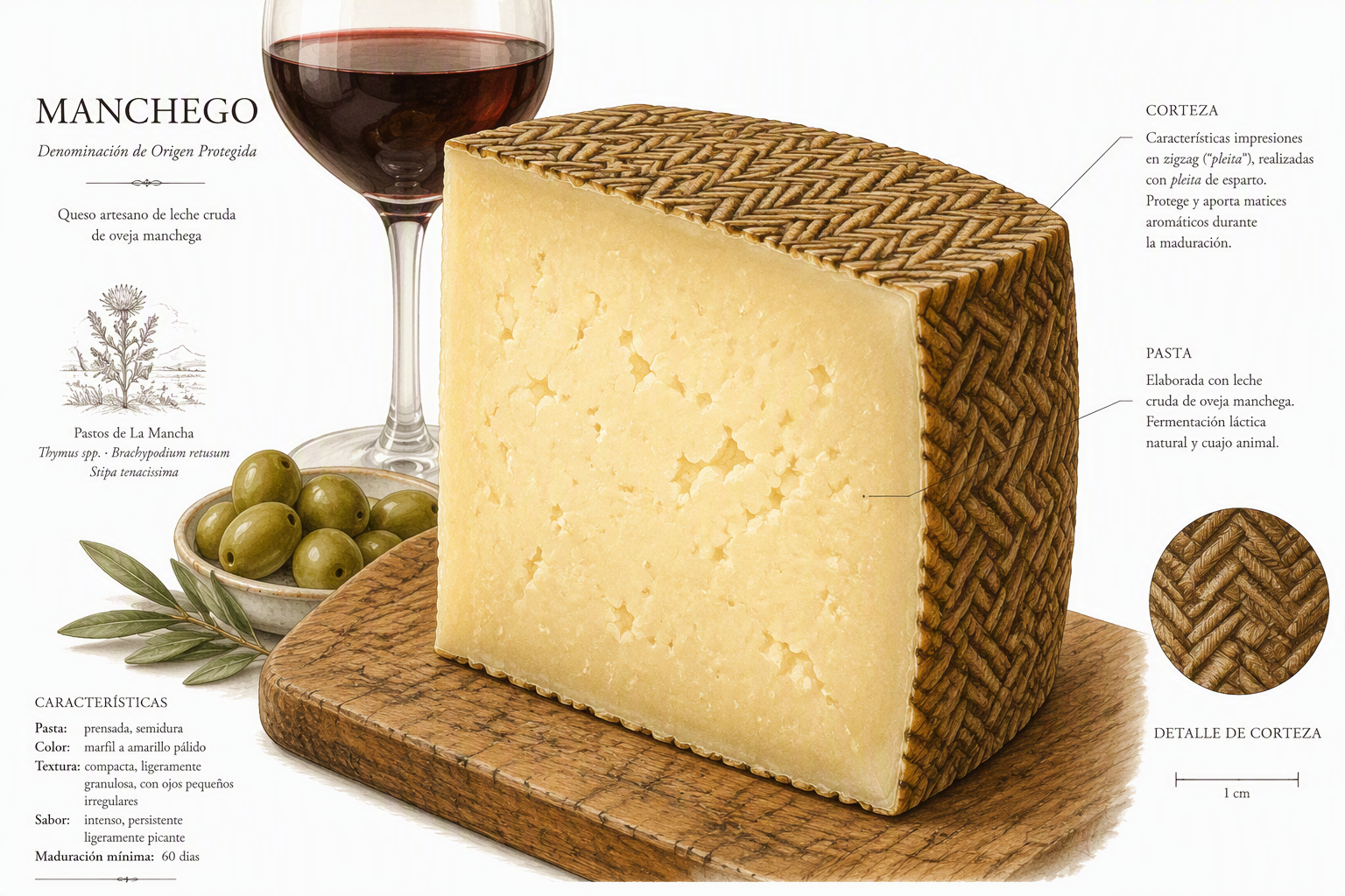 Manchego-juustoa lautasella viinilasin ja oliivien kanssa Manchego-juustoa lautasella viinilasin ja oliivien kanssa