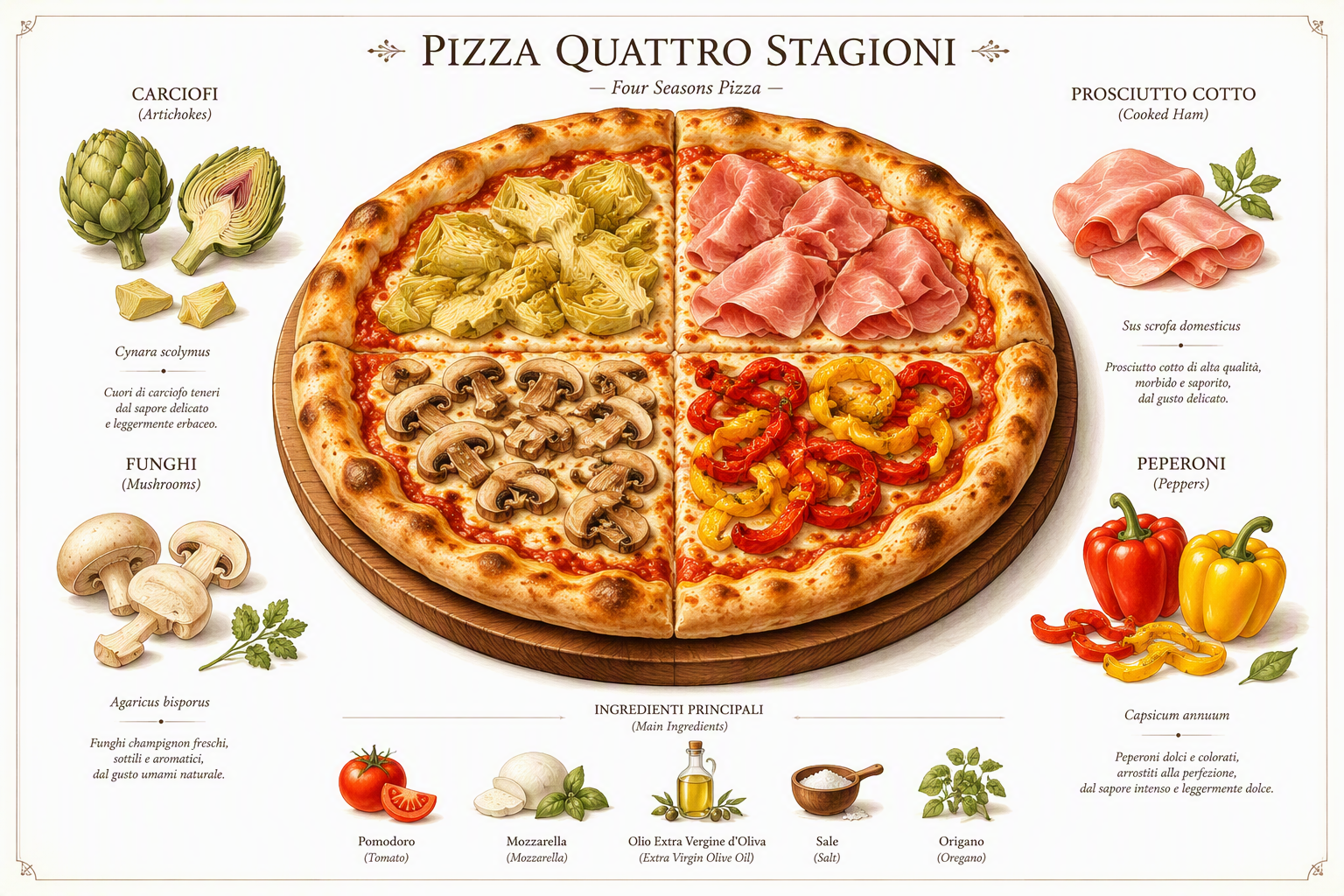 Pizza Quattro Stagioni jaettuna neljään osaan Pizza Quattro Stagioni jaettuna neljään osaan