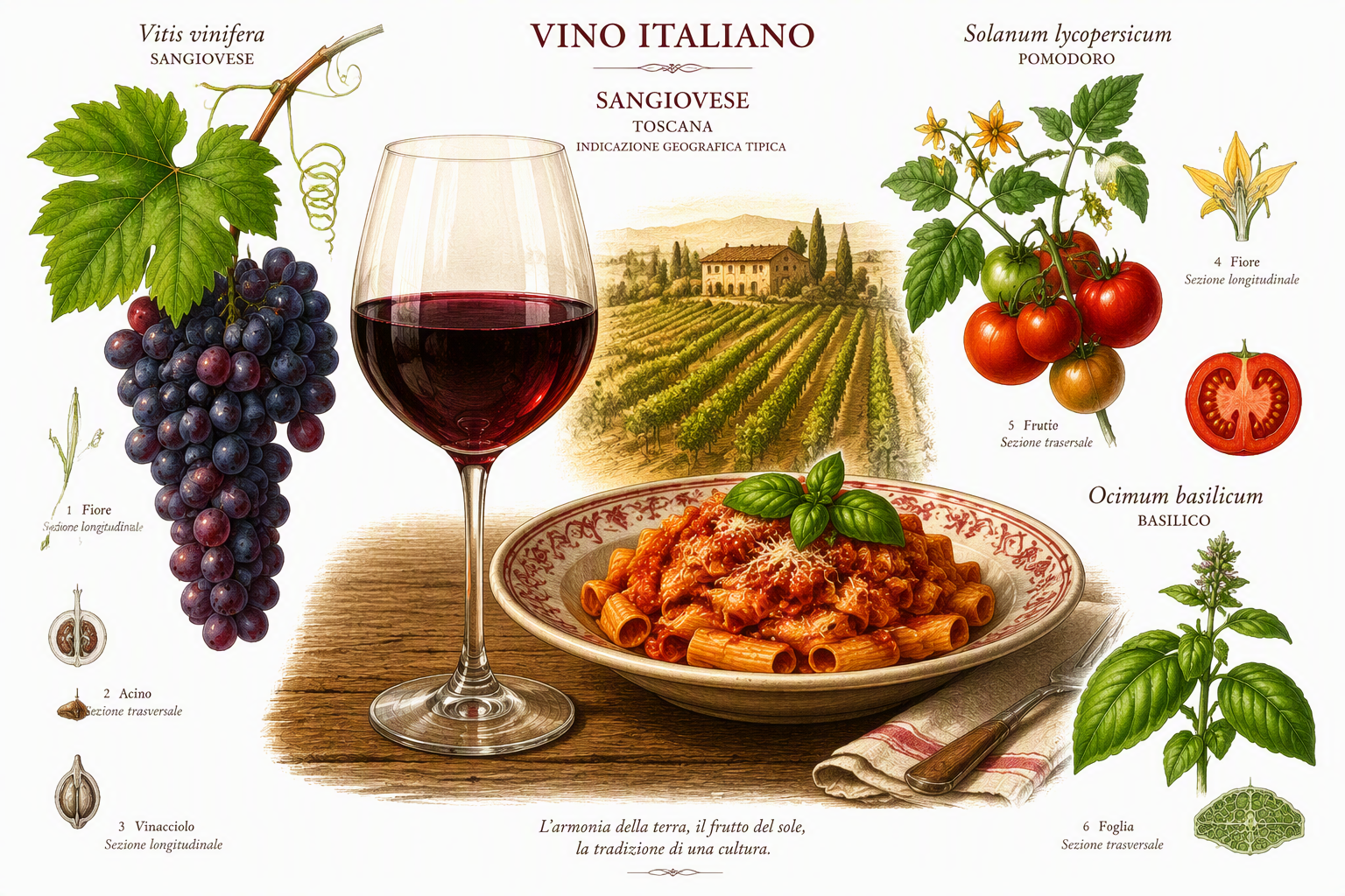 Lasi punaviiniä ja italialaista pastaa viinitilan taustalla