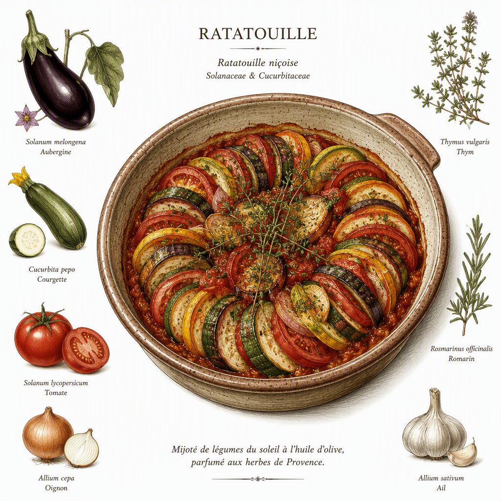Ratatouille-kasvispaistos keraamisessa vuoassa Ratatouille-kasvispaistos keraamisessa vuoassa