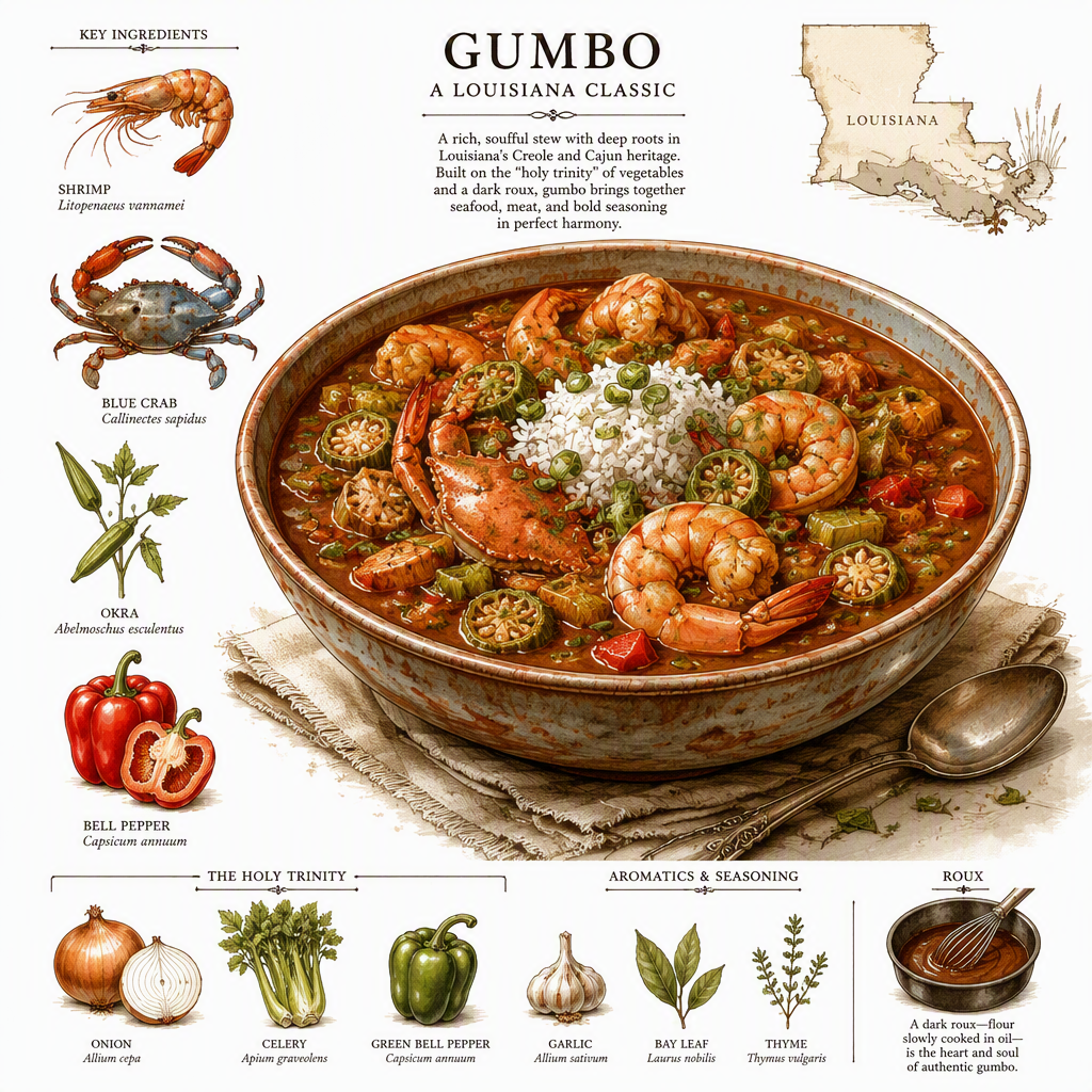 Mausteinen gumbo-keitto tarjoilukulhossa Mausteinen gumbo-keitto tarjoilukulhossa