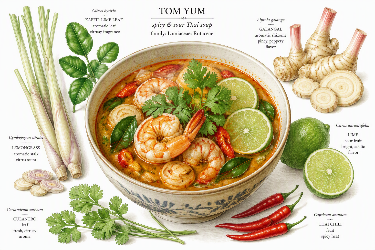 Höyryävä Tom Yum -keitto tuoreilla yrteillä ja limellä