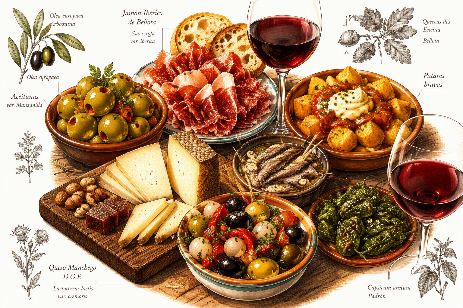 Erilaisia espanjalaisia tapaksia puisella pöydällä
