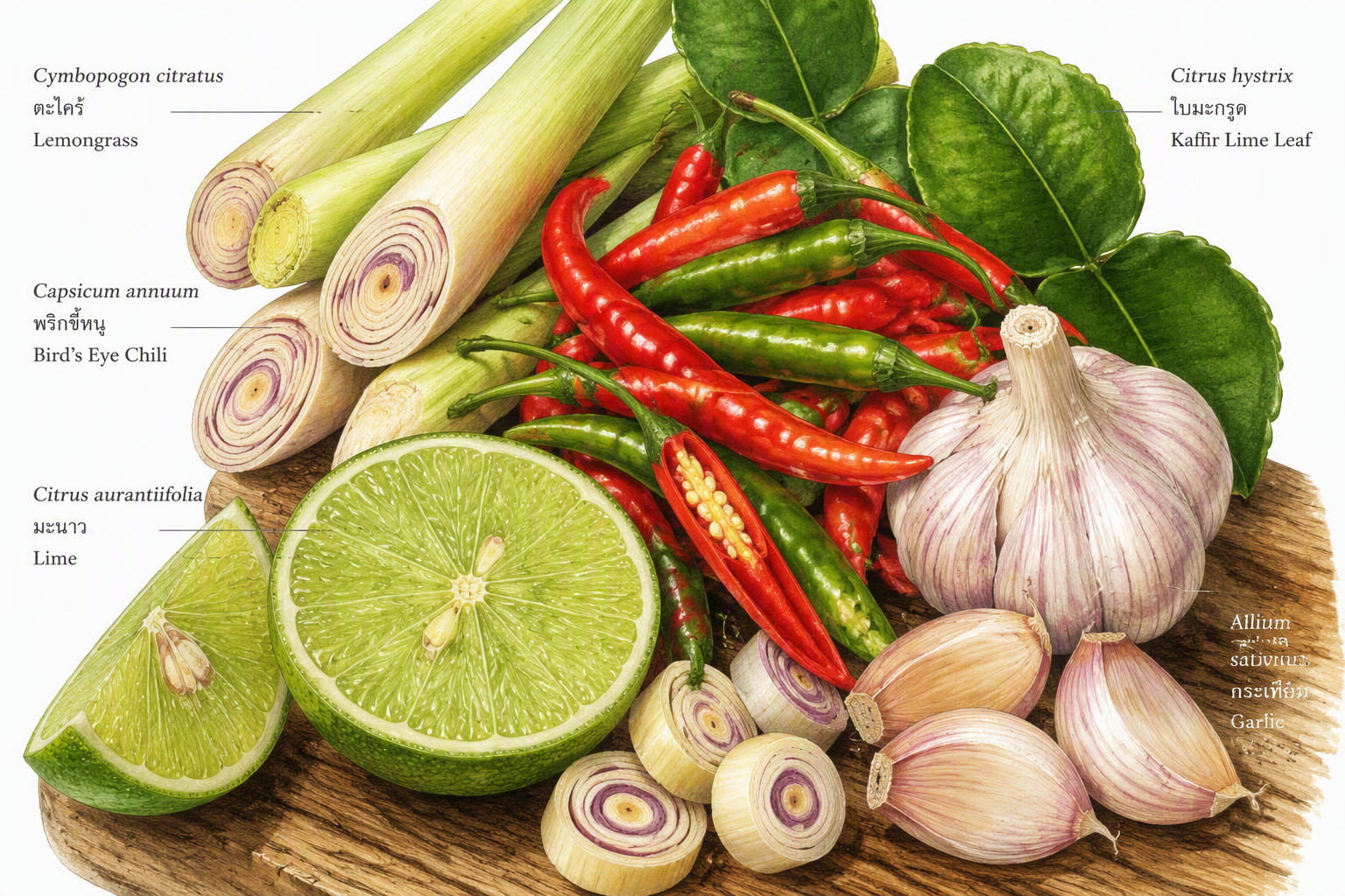 Tuoreita thaimaalaisia raaka-aineita kuten chiliä ja limeä Tuoreita thaimaalaisia raaka-aineita kuten chiliä ja limeä