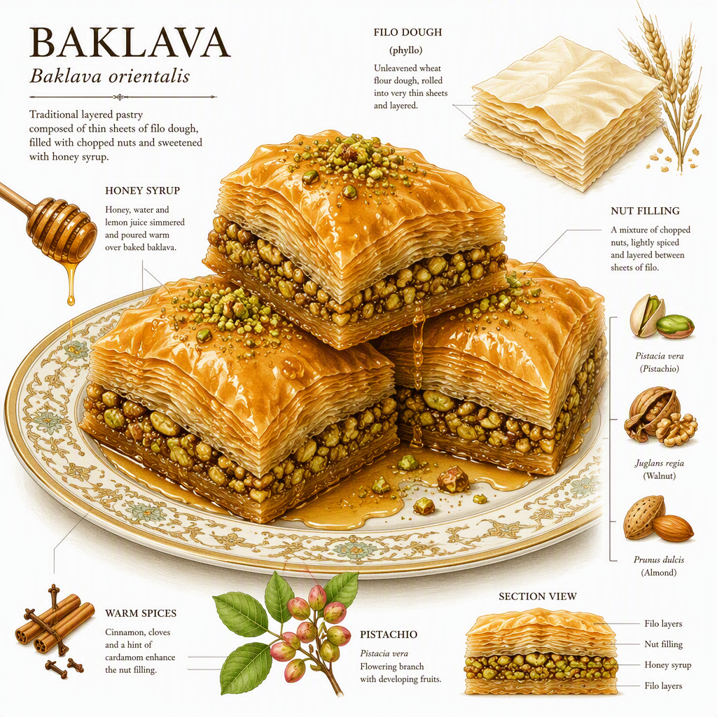 Pähkinäinen ja hunajainen baklava-leivonnainen